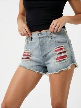 MINKPINK denim shorts distressed plaid patch high rise size S